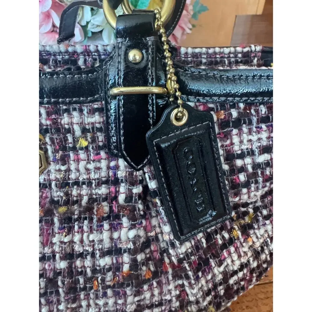 COACH F20025 Galaxy Tweed Tote Black Patent Leather Shoulder Bag (170
